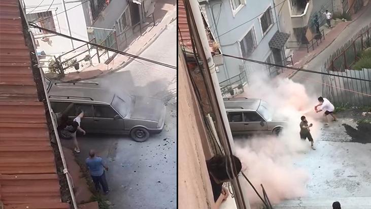 Aracı yanan sürücü öfkeden cam ve aynaları kırdı